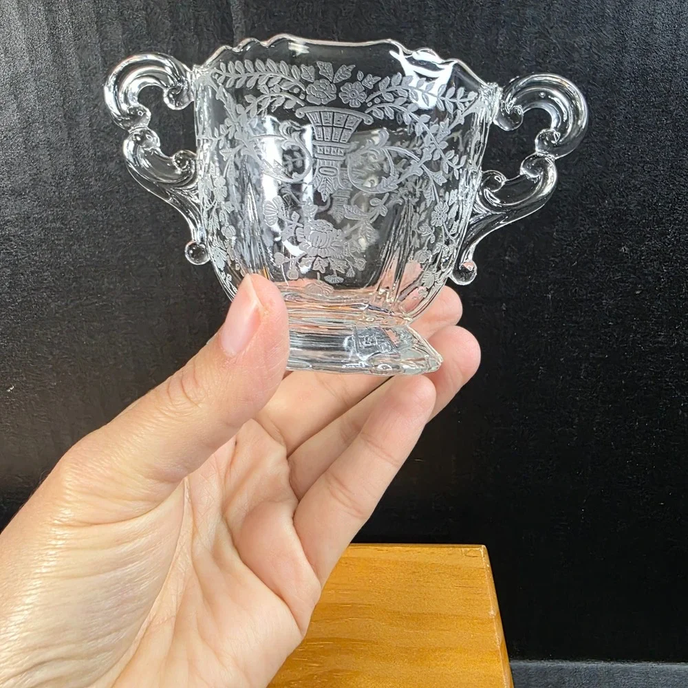 Crystal Glass Creamer and Sugar Bowl Set Etched Filigree Floral Holiday Wedding